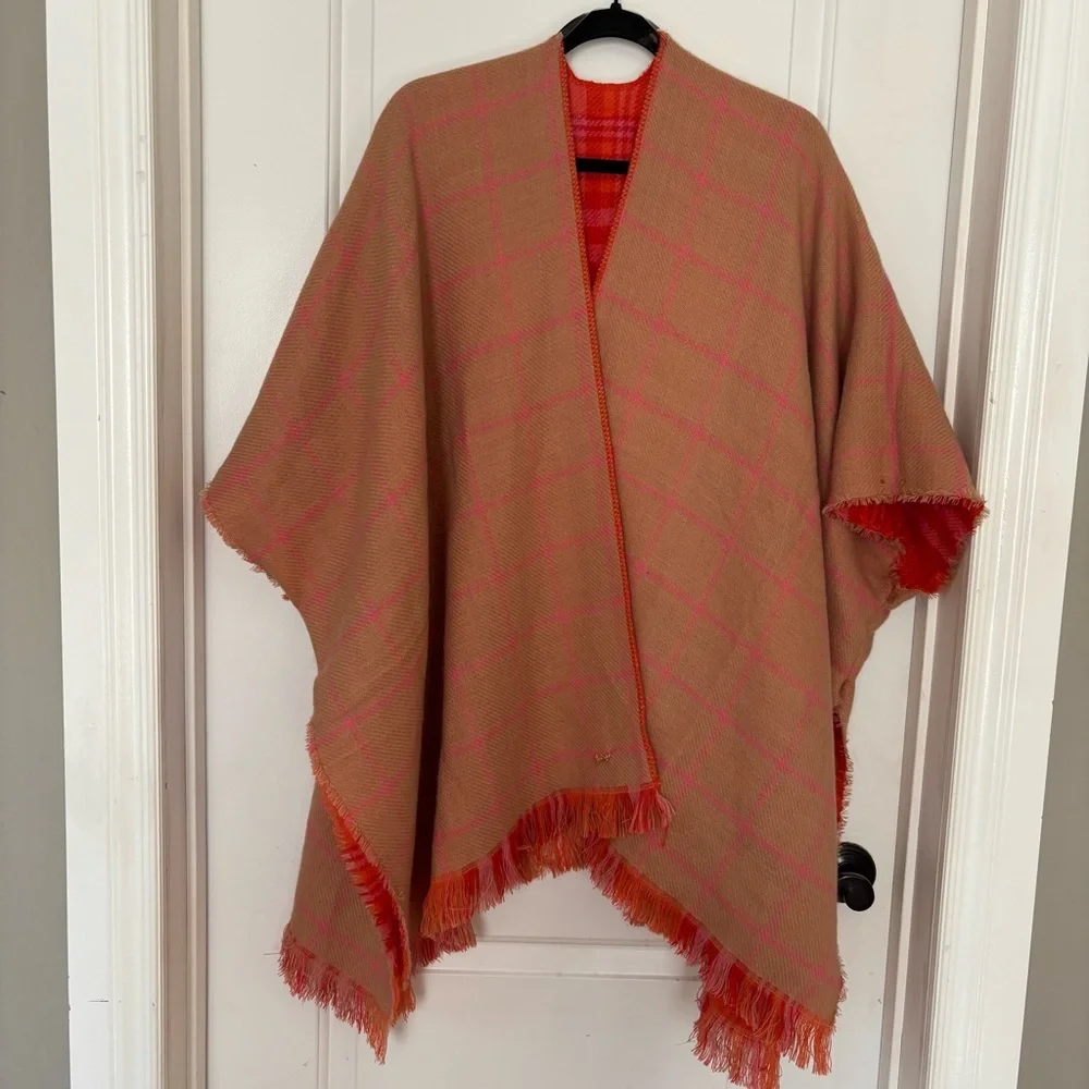 Juicy Couture reversible poncho with fringe pink orange plaid and tan pink plaid